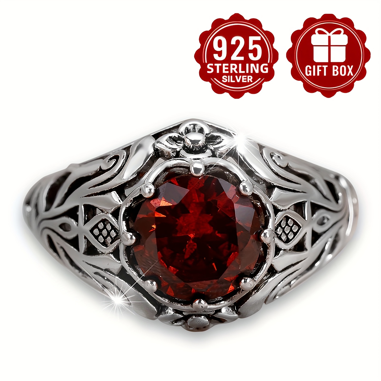 Vintage Floral Hollow Ring, Hypoallergenic Red Zirconia Ring